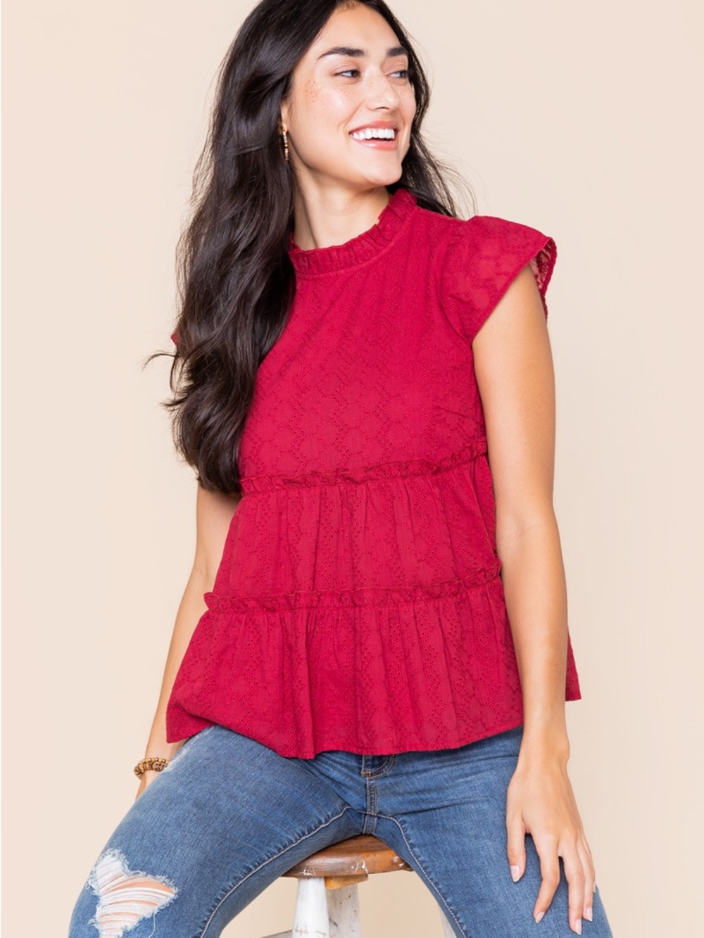 Jun & Ivy Women's Red Lace Tiered Flutter-Sleeve Top Size Large